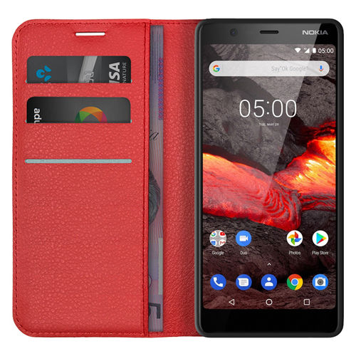 Leather Wallet Case & Card Holder Pouch for Nokia 5.1 - Red